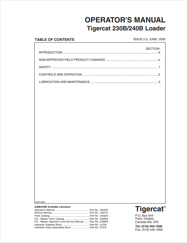 Tigercat 230B, 240B Loader Operator Manual 13040A