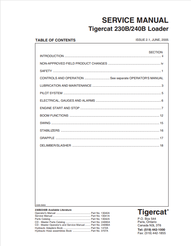 Tigercat 230B, 240B Loader Service Manual 13040A