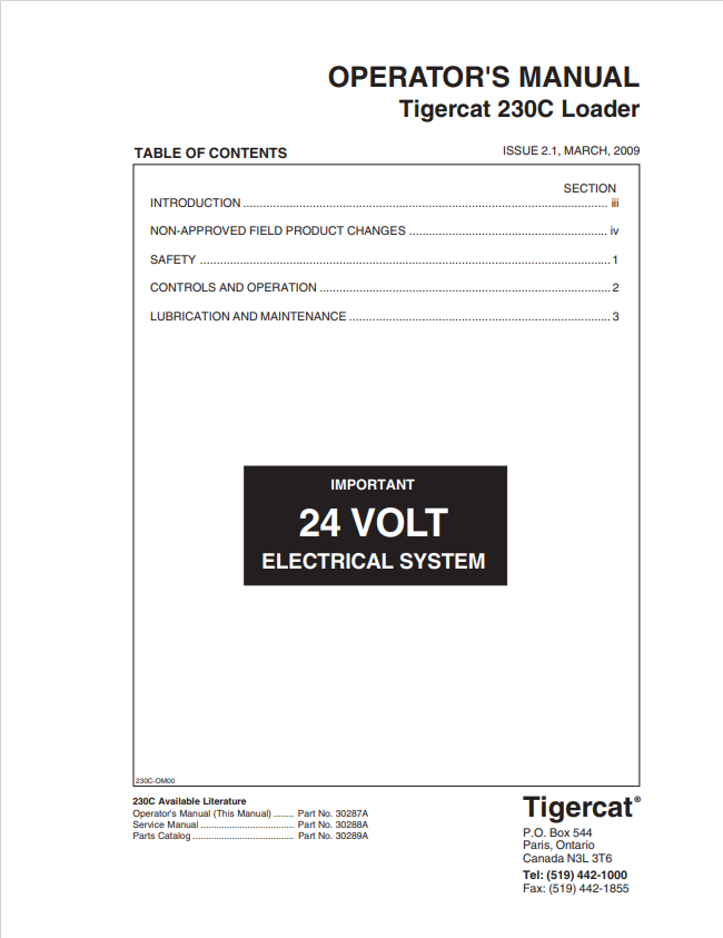 Tigercat 230C Loader Operator Manual 30287A