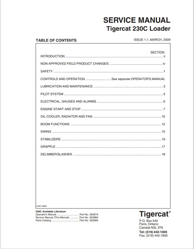 Tigercat 230C Loader Service Manual 30288A