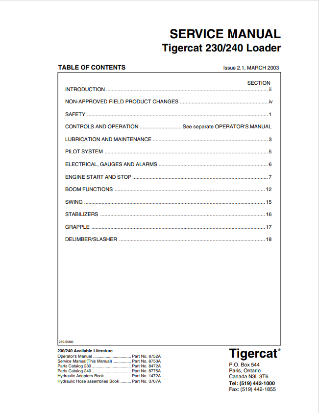 Tigercat 230, 240 Loader Service Manual 8752A