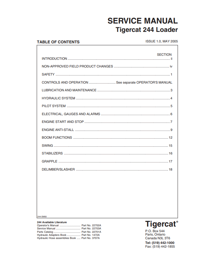 Tigercat 244 Loader Service Manual 22703A