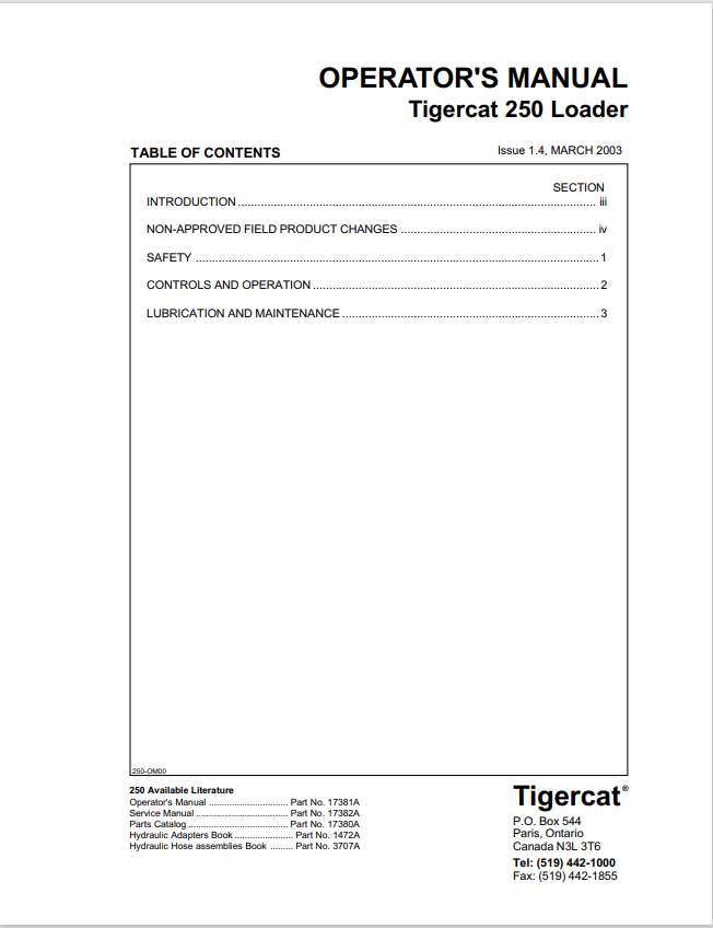Tigercat 250 Loader Operator Manual 17381A