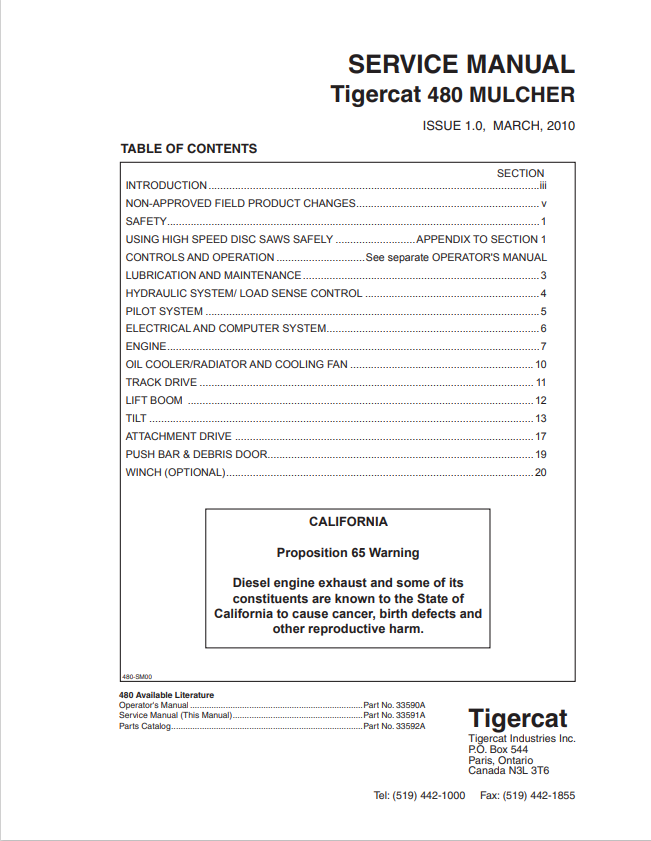 Tigercat 480 Mulcher Service Manual 33591A