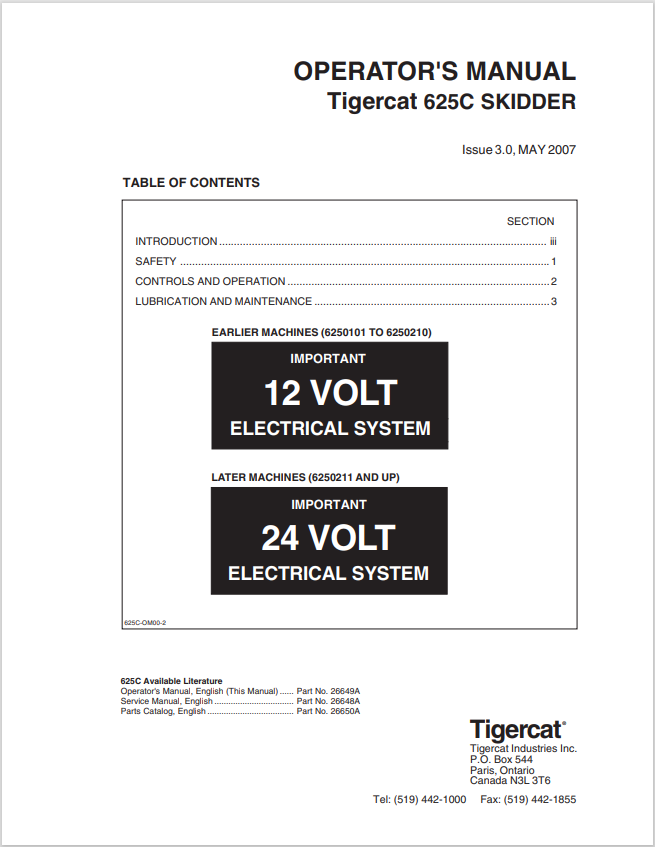 Tigercat 625C Skidder Operator Manual 26649A