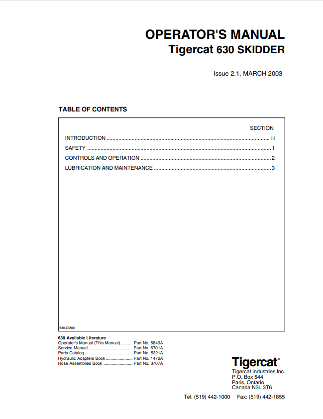 Tigercat 630 Skidder Operator Manual 5843A
