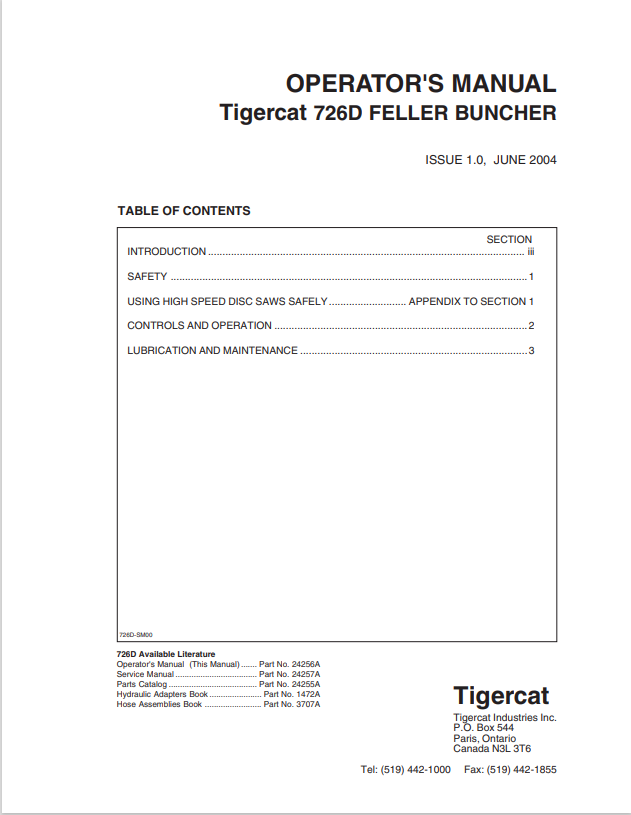 Tigercat 726D Feller Buncher Operator Manual 24256A