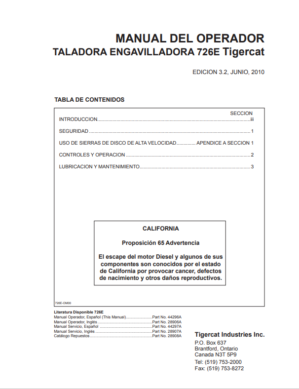 Tigercat 726E Felling Machine And Baler Operator Manual 44296A
