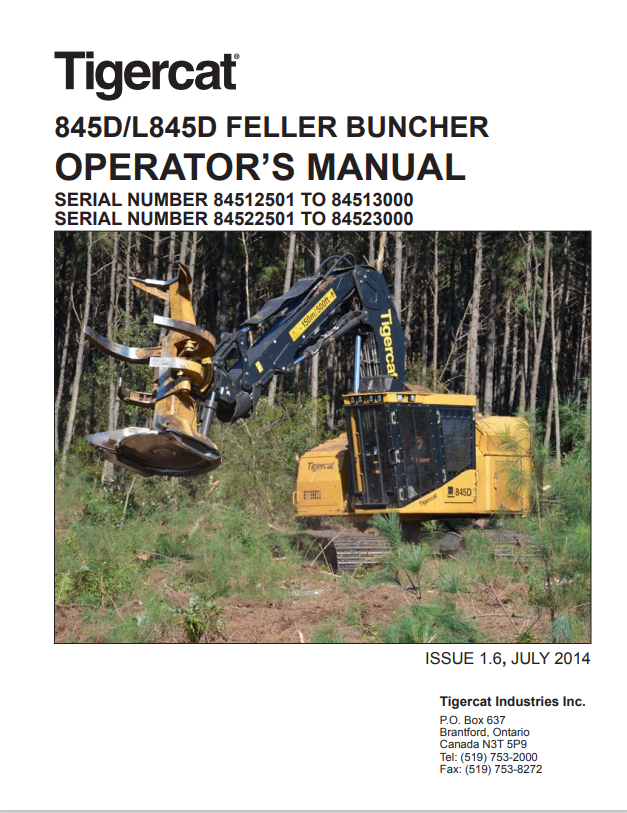Tigercat 845D, L845D Feller Buncher Operator Manual 43287AENG