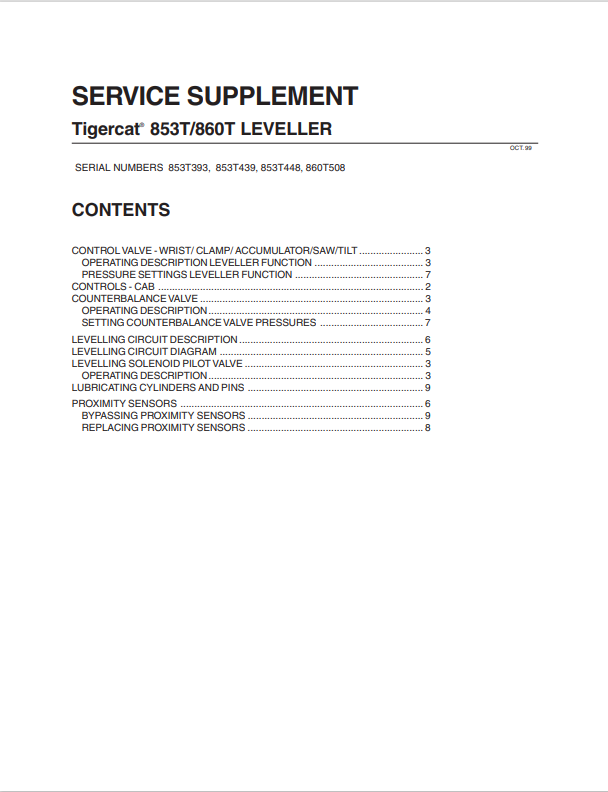 Tigercat 853T, 860T Leveller Service Supplement Manual
