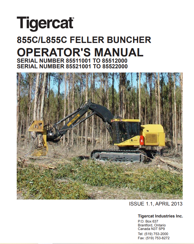 Tigercat 855C, L855C Feller Buncher Operator Manual 40036AENG