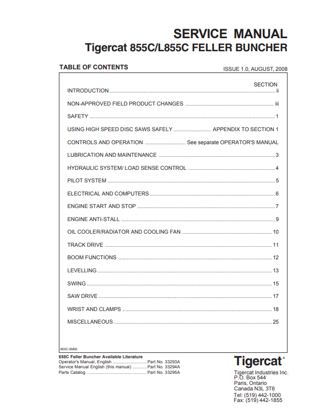 Tigercat 855C, L855C Feller Buncher Service manual 33294A
