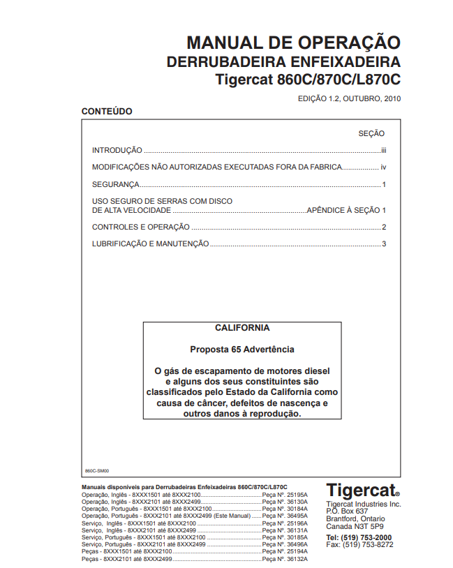 Tigercat 860C, 870C, L870C Falling Down Feixadeira Operating Manual 36130A
