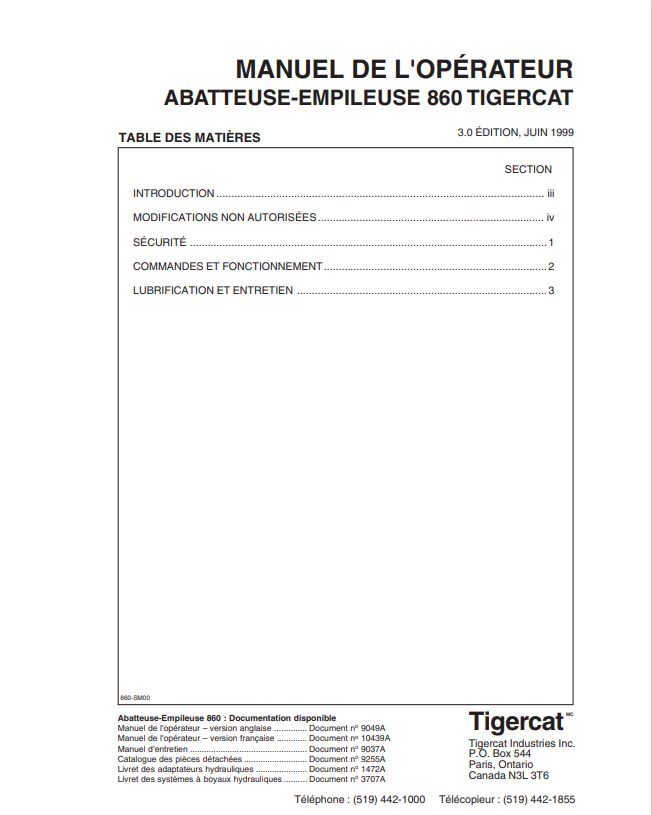 Tigercat 860 Felling And Stacking Machine Operator Manual 9049A
