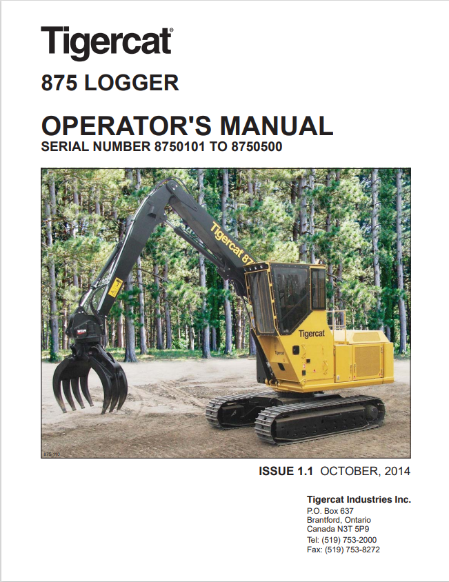 Tigercat 875 Logger Operator Manual 41268AENG