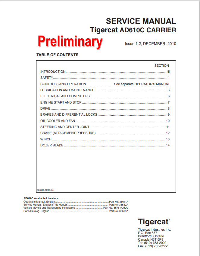Tigercat AD610C Carrier Service Manual 35612A
