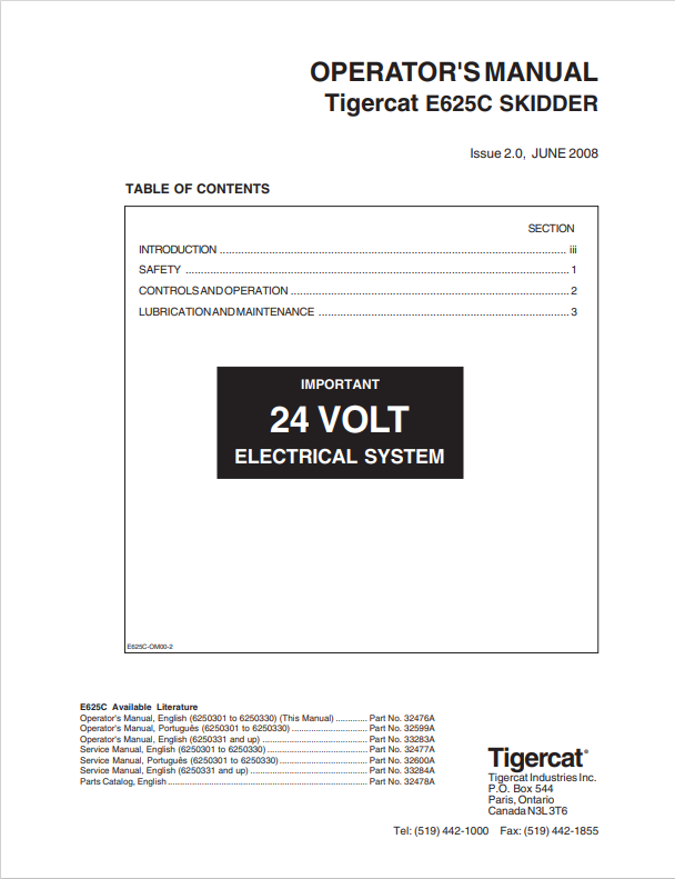 Tigercat E625C Skidder Operator Manual 33283A