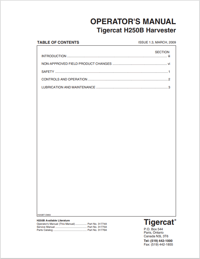 Tigercat H250B Harvester Operator Manual 31774A