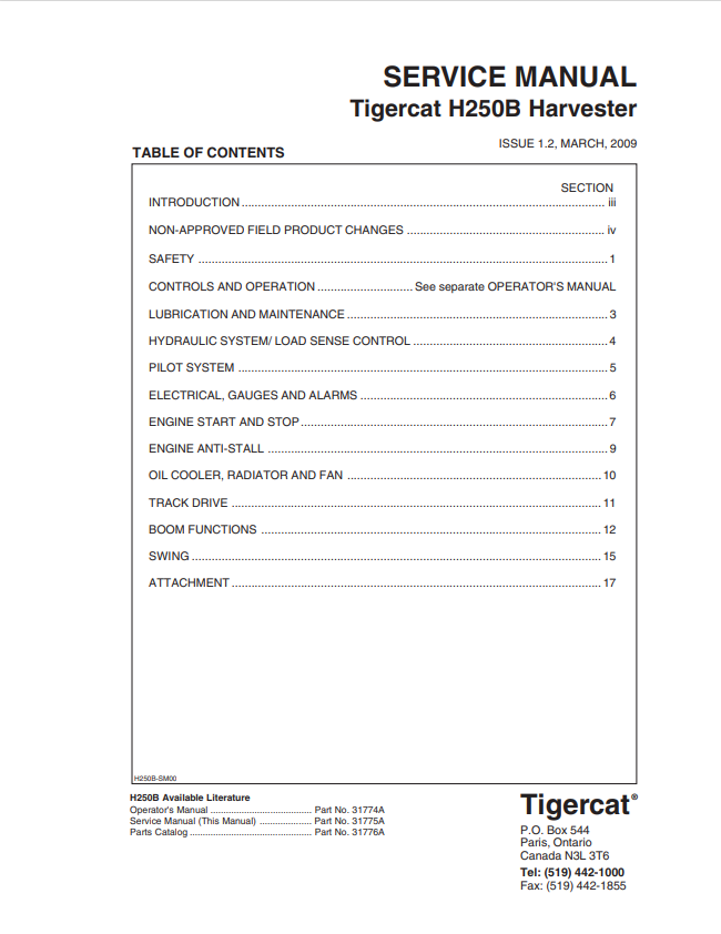 Tigercat H250B Harvester Service Manual 31775A