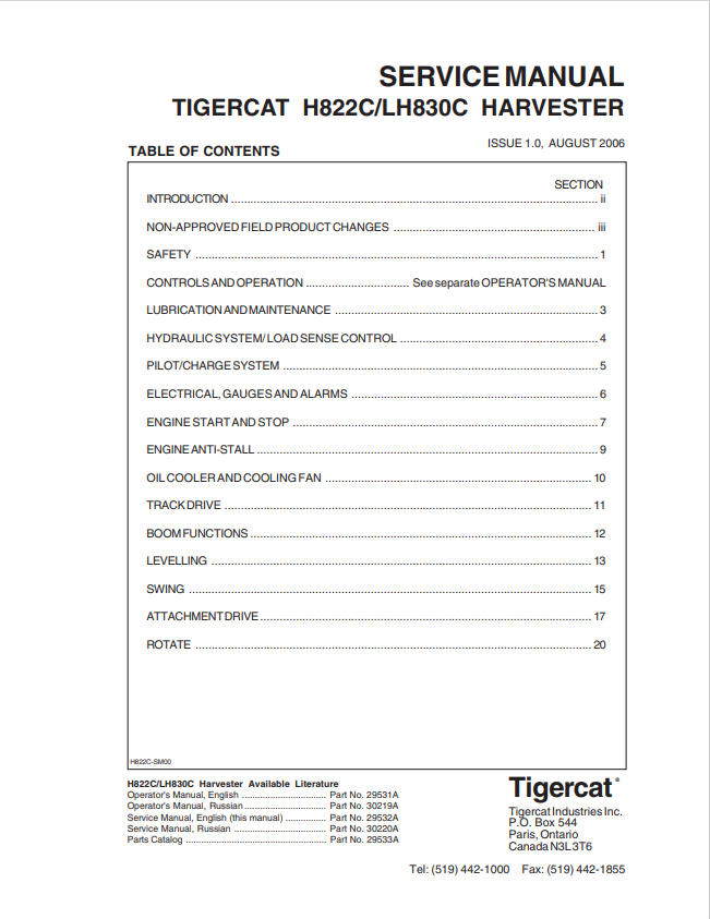 Tigercat H822C, LH830C Harvester Service Manual 29532A