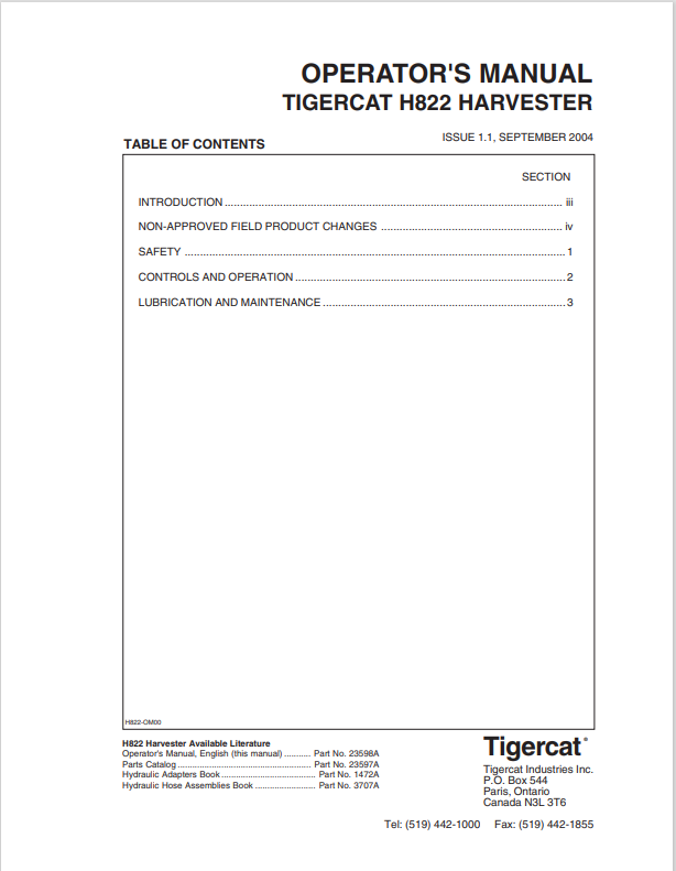 Tigercat H822 Harvester Operator Manual 23598A