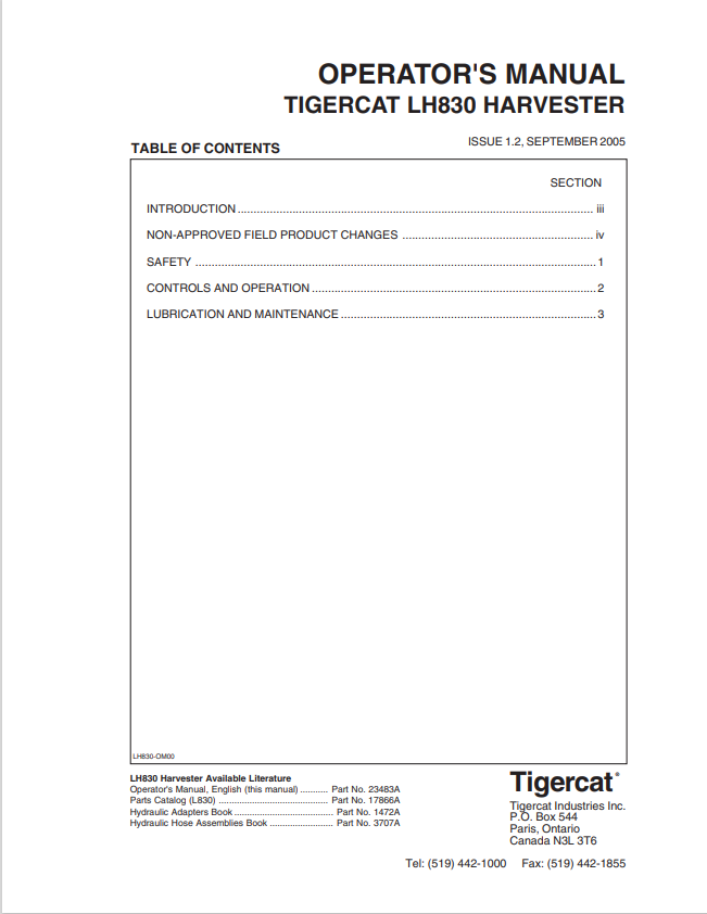 Tigercat LH830 Harvester Operator Manual 23483A