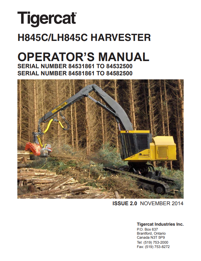 Tigercat H845C, LH845C Harvester Operator Manual 32268AENG 1