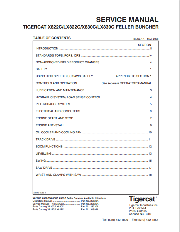 Tigercat X822C, LX822C, X830C, LX830C Feller Buncher Service Manual 44156AENG
