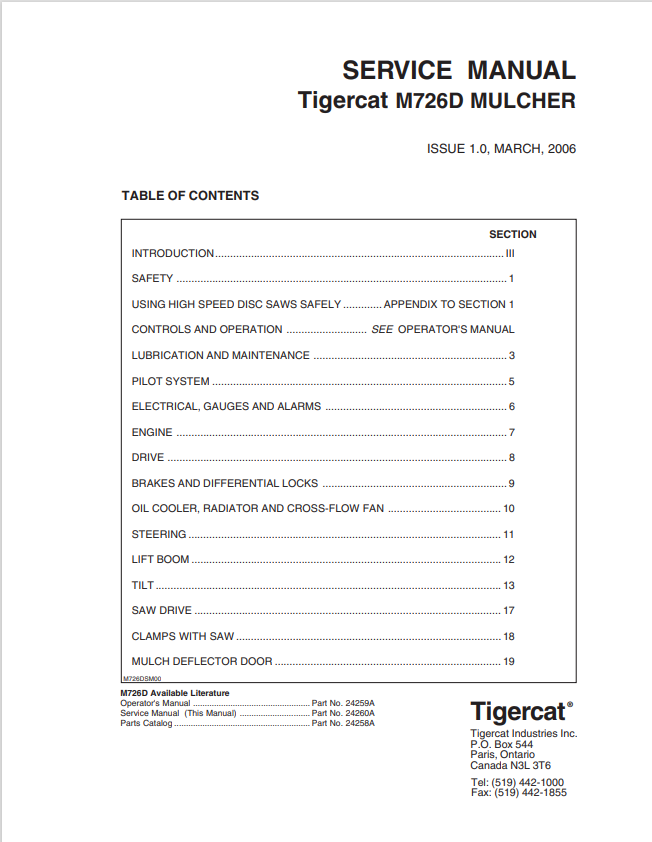Tigercat M726D Mulcher Service Manual 24260A