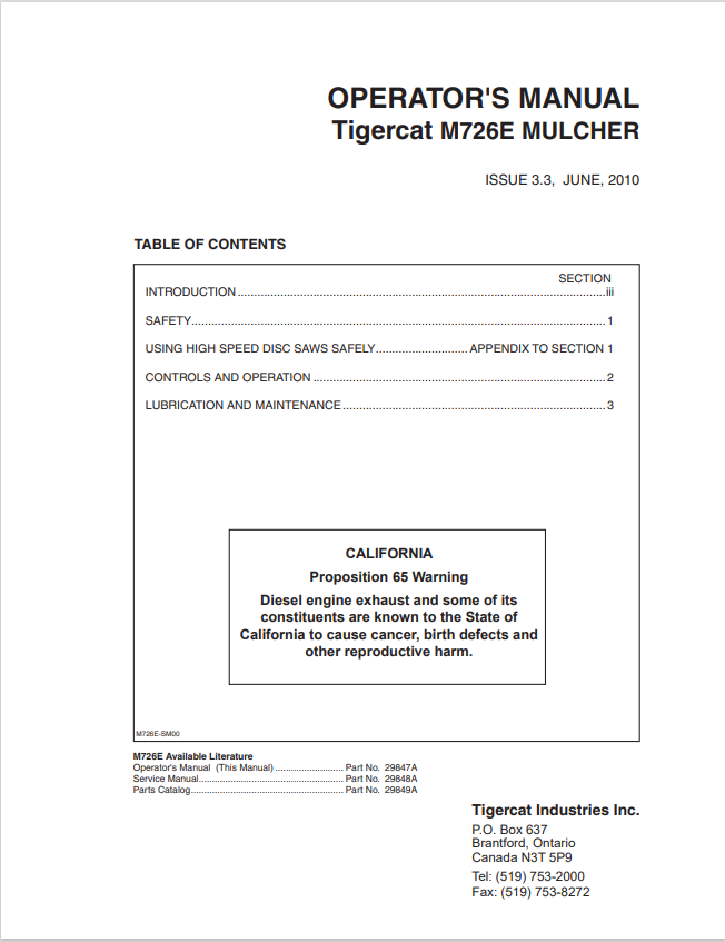 Tigercat M726E Mulcher Operator Manual 29847A