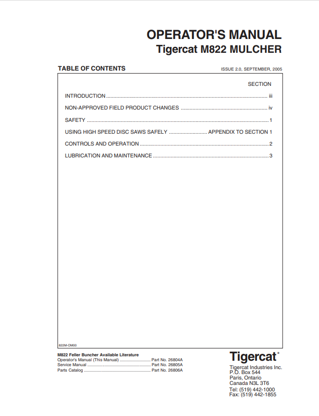 Tigercat M822 Mulcher Operator Manual 26804A