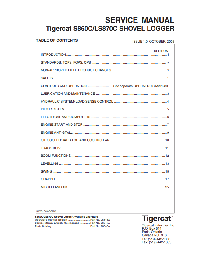 Tigercat S860C, LS870C Shovel Logger Service manual 26547A