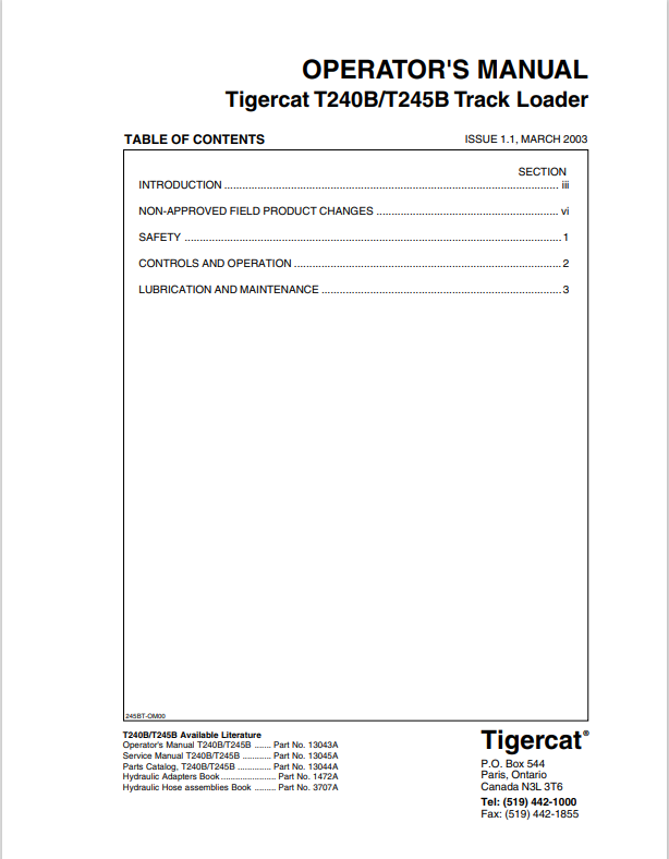 Tigercat T240B, T245B Track Loader Operator Manual 13043A